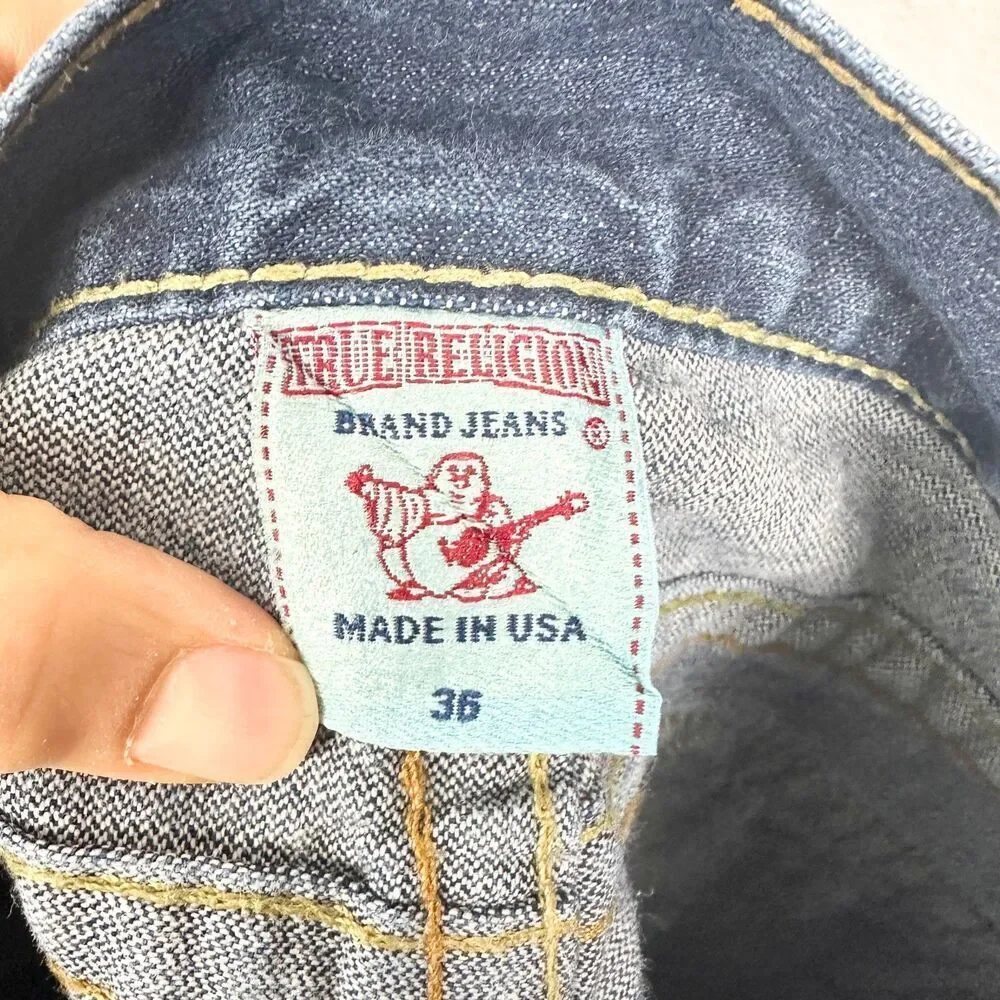True Religion Billy Bootcut Jeans Size 36x33 Flap Pockets Big T Cotton USA Made